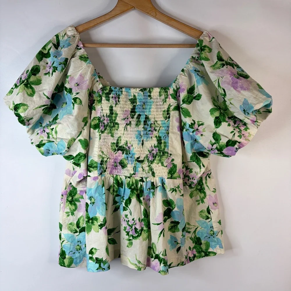 Old Navy Blouse Women 3X Multicolor Floral Puff Sleeve Smocked Square Neck